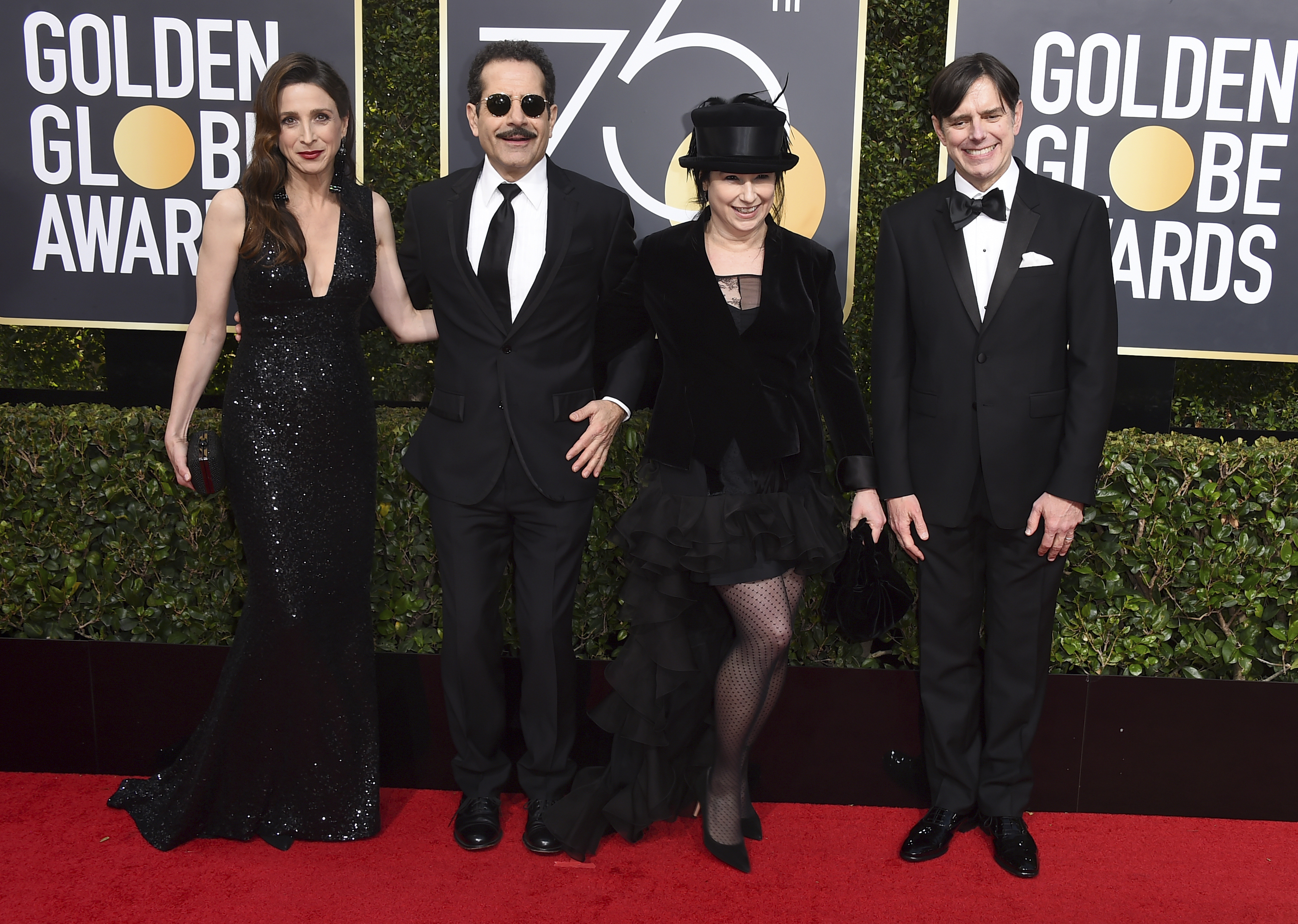 <div class="meta image-caption"><div class="origin-logo origin-image ap"><span>AP</span></div><span class="caption-text">Marin Hinkle, from left, Tony Shalhoub, Amy Sherman-Palladino and Daniel Palladino arrive at the 75th annual Golden Globe Awards at the Beverly Hilton Hotel. (Jordan Strauss&#47;Invision&#47;AP)</span></div>