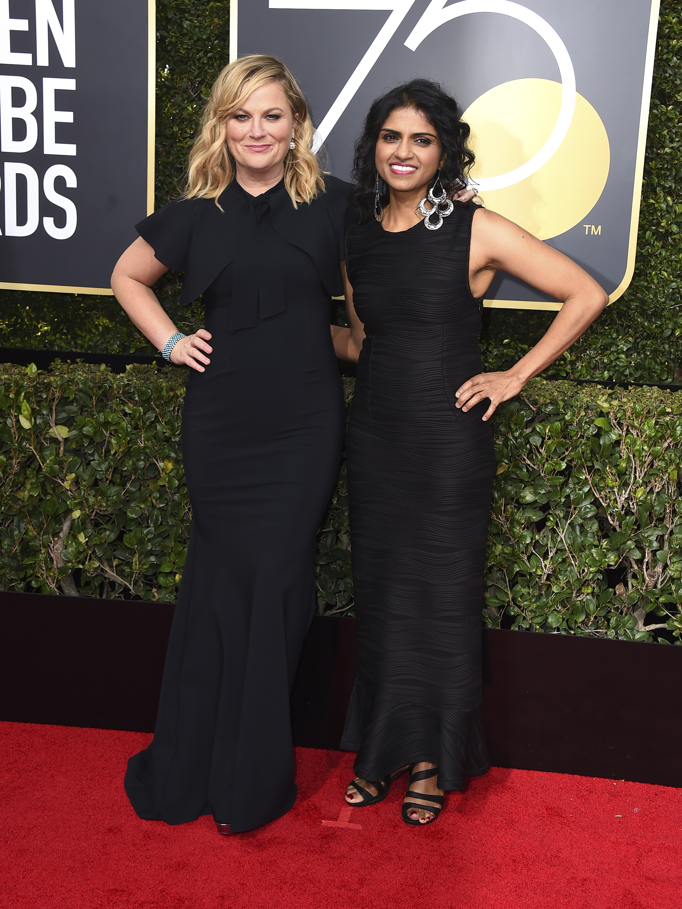 <div class="meta image-caption"><div class="origin-logo origin-image ap"><span>AP</span></div><span class="caption-text">Amy Poehler, left, and Saru Jayaraman arrive at the 75th annual Golden Globe Awards at the Beverly Hilton Hotel on Sunday, Jan. 7, 2018, in Beverly Hills, Calif. (Jordan Strauss&#47;Invision&#47;AP)</span></div>