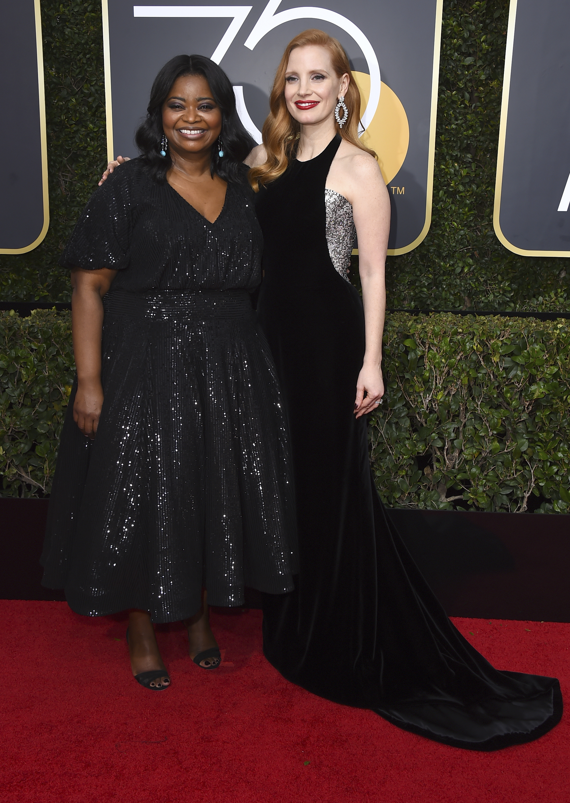 <div class="meta image-caption"><div class="origin-logo origin-image ap"><span>AP</span></div><span class="caption-text">Octavia Spencer, left, and Jessica Chastain arrive at the 75th annual Golden Globe Awards at the Beverly Hilton Hotel on Sunday, Jan. 7, 2018, in Beverly Hills, Calif. (Jordan Strauss&#47;Invision&#47;AP)</span></div>