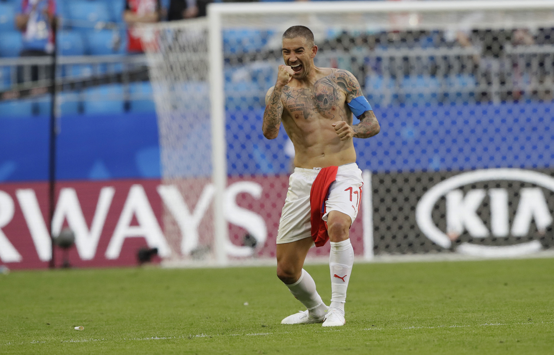 <div class='meta'><div class='origin-logo' data-origin='AP'></div><span class='caption-text' data-credit='AP Photo/Mark Baker'>Serbia's Aleksandar Kolarov celebrates at the end of the group E match between Costa Rica and Serbia at the 2018 soccer World Cup in the Samara Arena in Samara, Russia.</span></div>