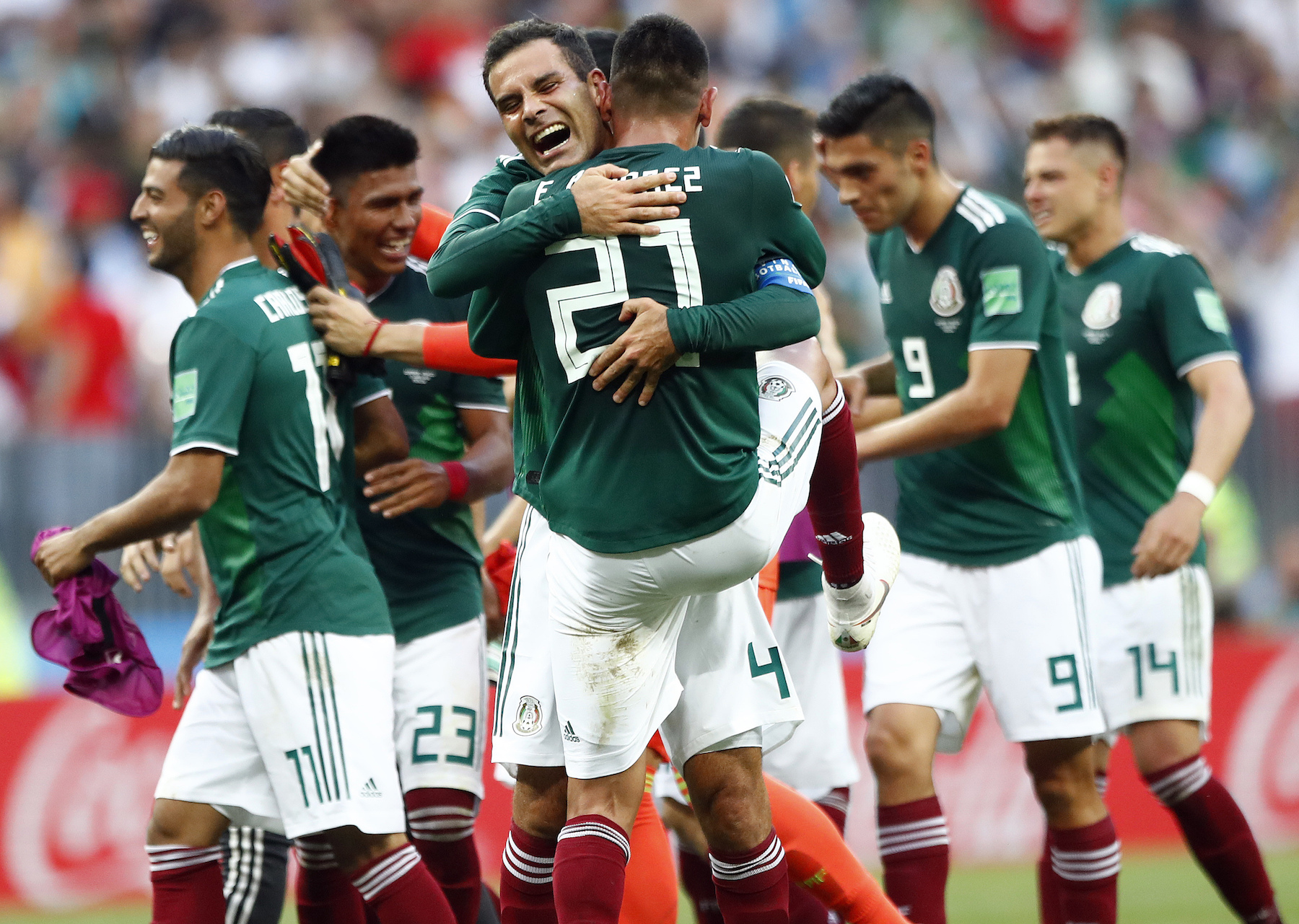<div class='meta'><div class='origin-logo' data-origin='AP'></div><span class='caption-text' data-credit='AP Photo/Matthias Schrader'>Mexico players celebrate after winning the group F match between Germany and Mexico at the 2018 soccer World Cup in the Luzhniki Stadium in Moscow, Russia.</span></div>