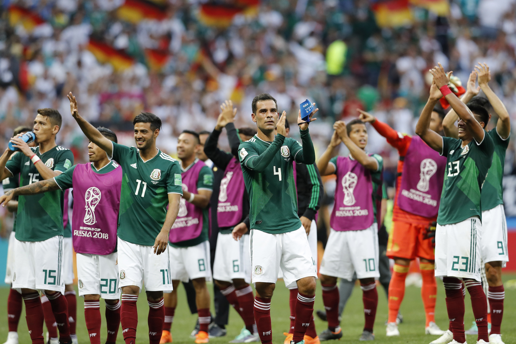 <div class='meta'><div class='origin-logo' data-origin='AP'></div><span class='caption-text' data-credit='AP Photo/Antonio Calanni'>Mexico's Rafael Marquez, center and his teammates celebrate after winning the group F match between Germany and Mexico at the 2018 soccer World Cup.</span></div>