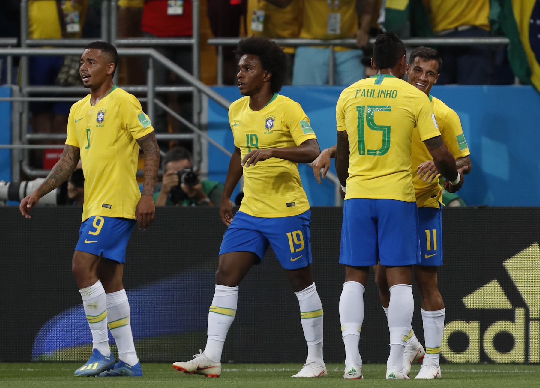 <div class='meta'><div class='origin-logo' data-origin='AP'></div><span class='caption-text' data-credit='AP Photo/Darko Vojinovic'>Brazil's Philippe Coutinho, right, celebrates after scoring with his teammate Paulinho during the group E match between Brazil and Switzerland at the 2018 soccer World Cup.</span></div>