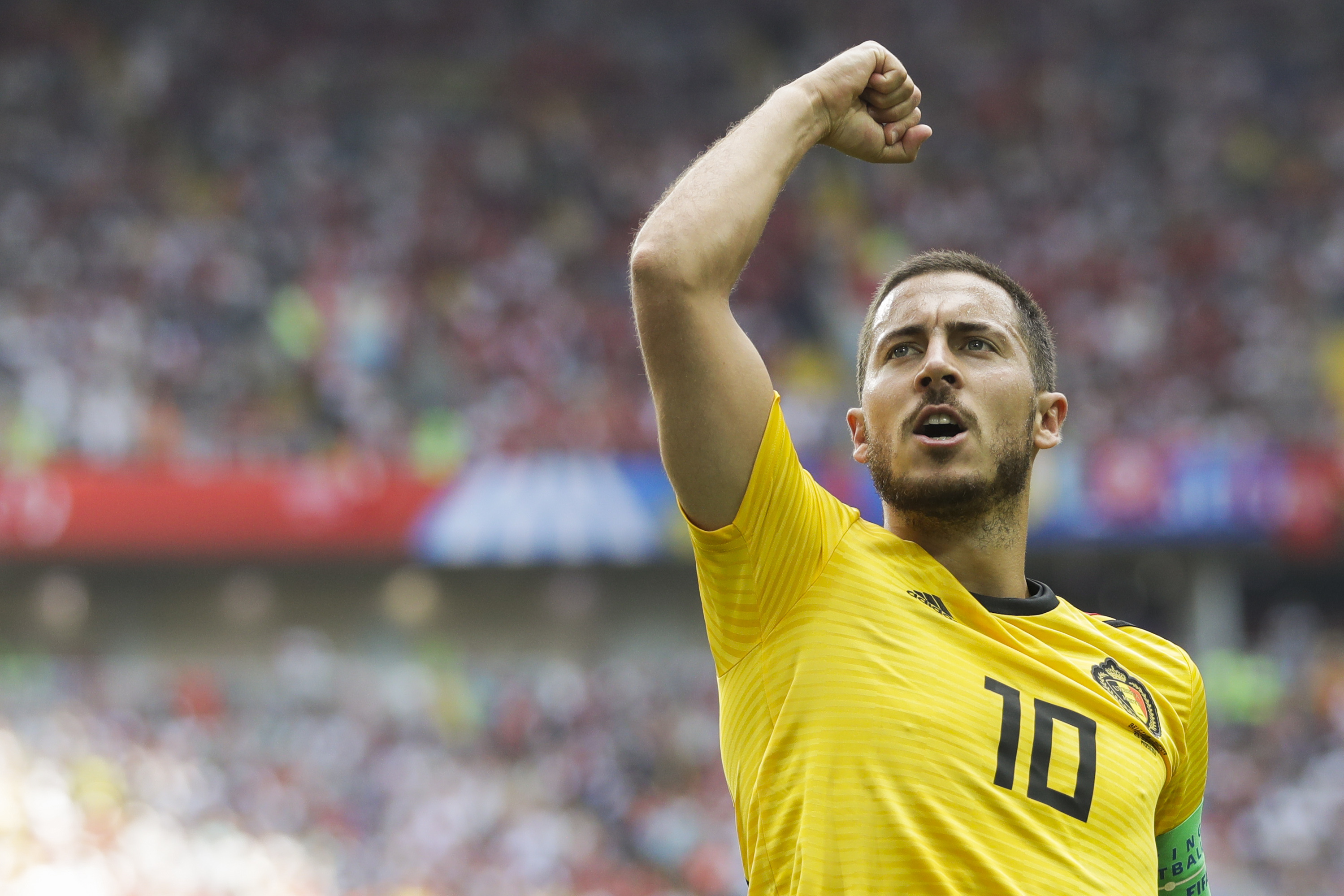 <div class='meta'><div class='origin-logo' data-origin='none'></div><span class='caption-text' data-credit='Matthias Schrader/AP Photo'>Belgium's Eden Hazard celebrates after scoring his side's fourth goal during the group G match between Belgium and Tunisia in the Spartak Stadium in Moscow, Saturday, June 23.</span></div>