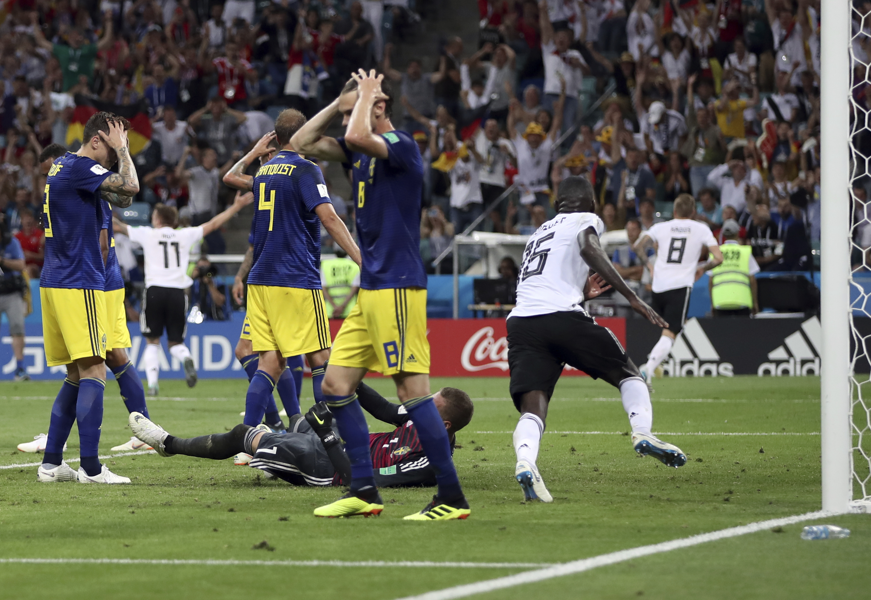 <div class='meta'><div class='origin-logo' data-origin='none'></div><span class='caption-text' data-credit='Thanassis Stavrakis/AP Photo'>Sweden players react after Germany's Toni Kroos, right, scores his side's second goal during the group F match in the Fisht Stadium in Sochi, Russia, Saturday, June 23, 2018.</span></div>