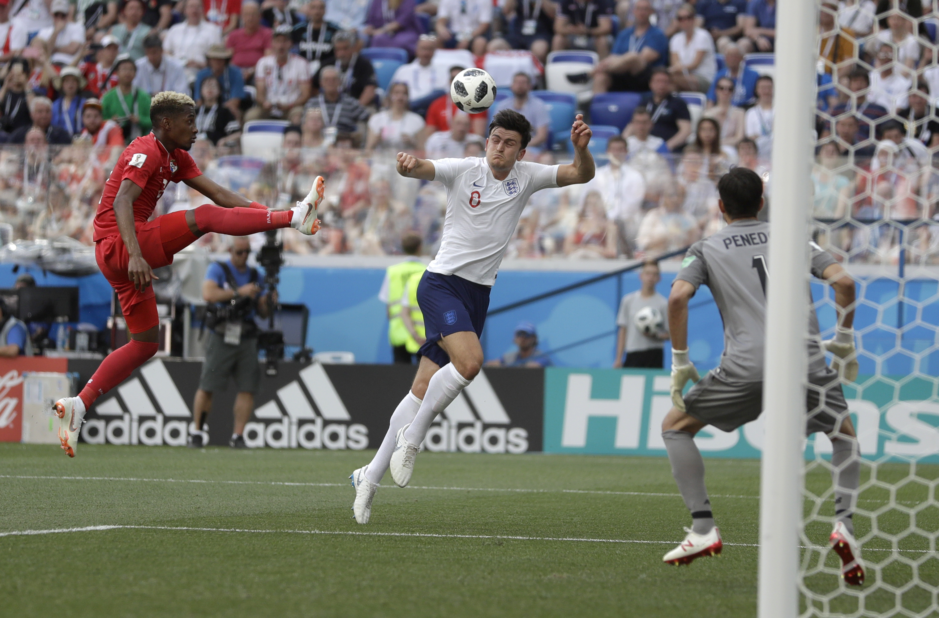 <div class='meta'><div class='origin-logo' data-origin='none'></div><span class='caption-text' data-credit='Matthias Schrader/AP Photo'>Panama's Michael Murillo, left, kicks the ball clear of England's Harry Maguire during the group G match at the Nizhny Novgorod Stadium on Sunday, June 24, 2018.</span></div>