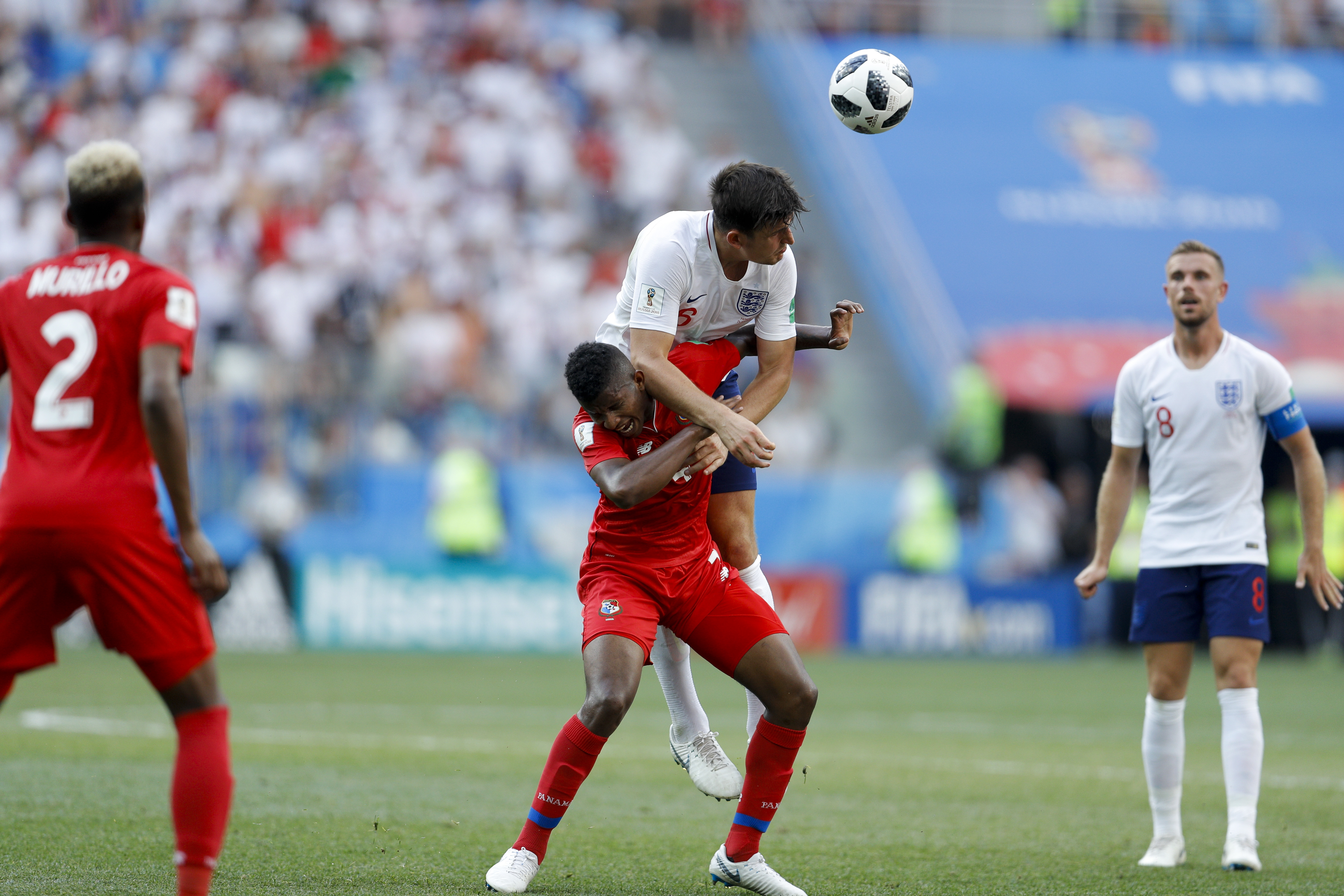 <div class='meta'><div class='origin-logo' data-origin='none'></div><span class='caption-text' data-credit='Victor Caivano/AP Photo'>England's Harry Maguire goes for a header over Panama's Fidel Escobar during their group G match at the Nizhny Novgorod Stadium in Nizhny Novgorod, Russia on Sunday, June 24.</span></div>