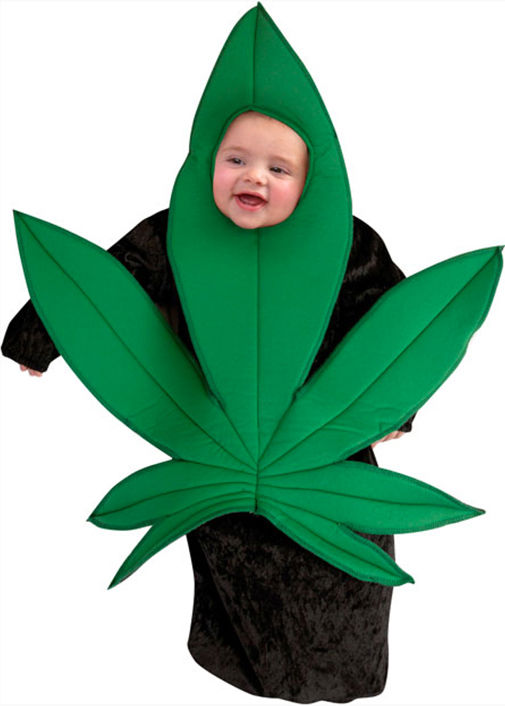 Halloween stores sells cigarette and marijuana leaf costumes for babies