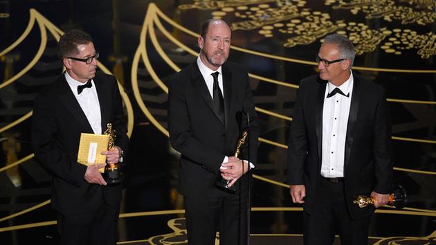 <div class='meta'><div class='origin-logo' data-origin='AP'></div><span class='caption-text' data-credit='Chris Pizzello/Invision/AP'>Gregg Rudloff, from left, Chris Jenkins, and Ben Osmo accept the award for best sound mixing for 'Mad Max: Fury Road' at the Oscars on Sunday, Feb. 28, 2016, at the Dolby Theatre.</span></div>