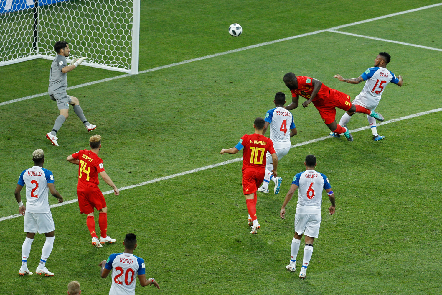 <div class='meta'><div class='origin-logo' data-origin='none'></div><span class='caption-text' data-credit='Victor R. Caivano/AP Photo'>Belgium's Romelu Lukaku, top second right, heads the ball to score his side's second goal during the group G match between Belgium and Panama</span></div>