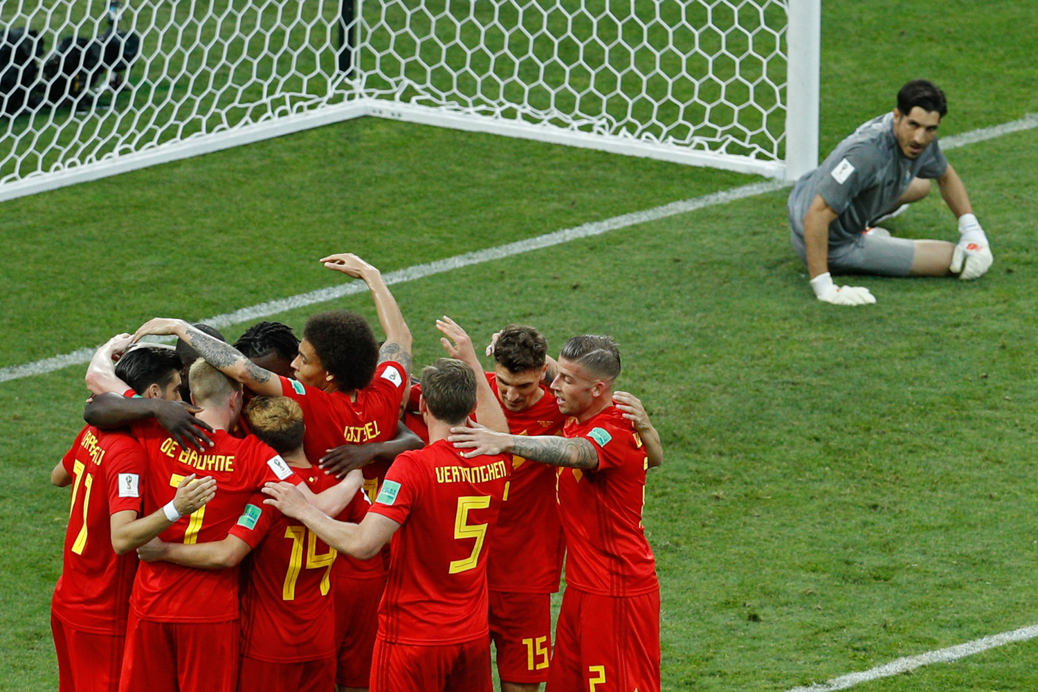 <div class='meta'><div class='origin-logo' data-origin='none'></div><span class='caption-text' data-credit='Victor R. Caivano/AP Photo'>Belgium players celebrate their side's second goal as Panama goalkeeper Jaime Penedo, right, looks at them during the group G match between Belgium and Panama</span></div>