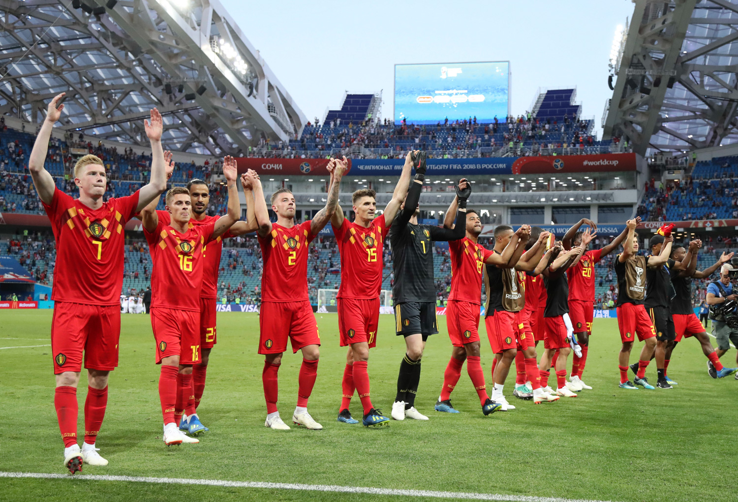 <div class='meta'><div class='origin-logo' data-origin='none'></div><span class='caption-text' data-credit='Matthias Schrader/AP'>Belgium's team celebrates after winning the group G match between Belgium and Panama at the 2018 soccer World Cup</span></div>