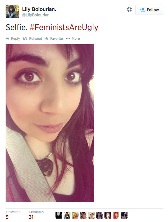 The arrival of a new hashtag, #FeministsAreUgly, has feminists around the world posting selfies on Twitter, repurposing the word 'ugly' to mean something beautiful. <span class=meta>(LilyBolourian / Twitter)</span>