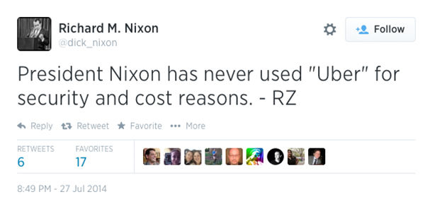 <div class="meta image-caption"><div class="origin-logo origin-image "><span></span></div><span class="caption-text">The Nixon account&#39;s views on the ride-sharing service Uber. (dick_nixon &#47; Twitter)</span></div>