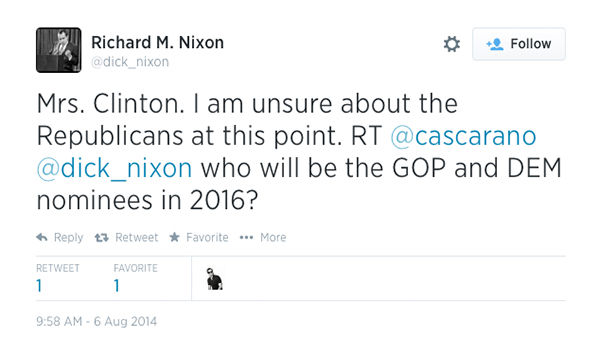 <div class="meta image-caption"><div class="origin-logo origin-image "><span></span></div><span class="caption-text">The Nixon account displays strong admiration for Hillary Clinton. (dick_nixon &#47; Twitter)</span></div>