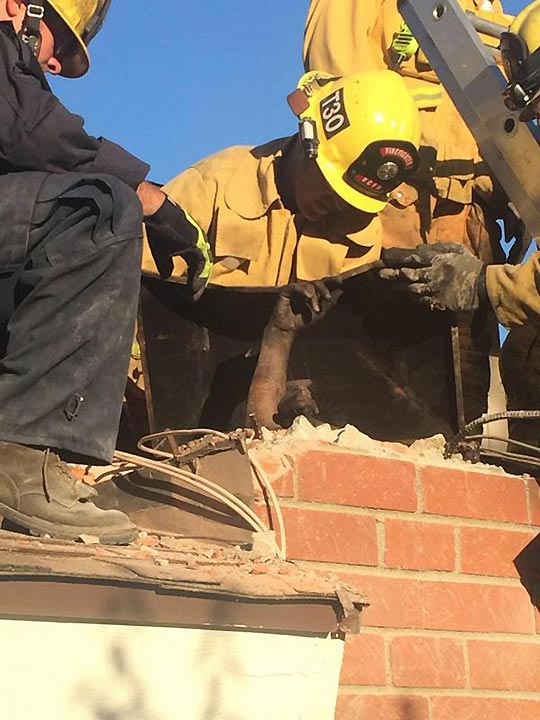 <div class='meta'><div class='origin-logo' data-origin='none'></div><span class='caption-text' data-credit='VCFD Capt. Mike Lindbery, Twitter.com/VCFD_PIO'>A woman reaches out as USAR members rescue her from a chimney in Thousand Oaks on Sunday, Oct. 19, 2014.</span></div>