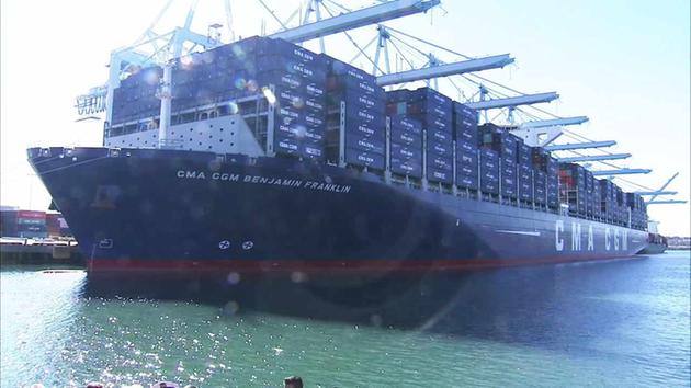 The CMA CGM Benjamin Franklin ship arriving at the Port of L.A. on Saturday, Dec. 26, 2015.