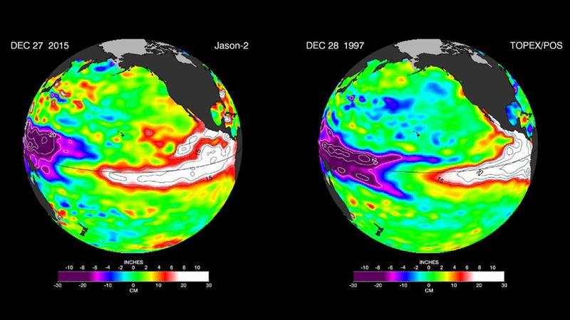 A satellite shows an image of the ocean warming because of El Nino on Tuesday, Dec. 29, 2015, alongside a similar image taken in 1997.