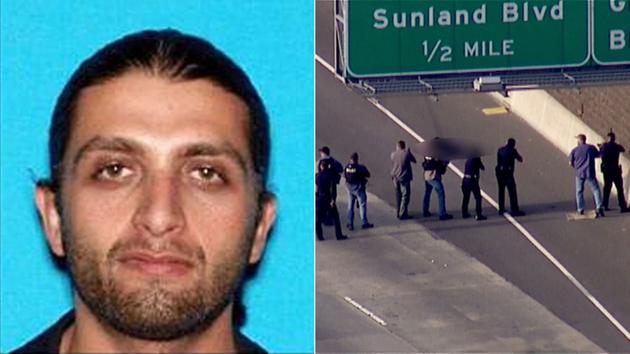 (Left) Artyom Gasparyan is seen in a photo released by LAPD. (Right) The suspect is wounded following a police chase on the 5 North on Monday, Jan. 4, 2016.