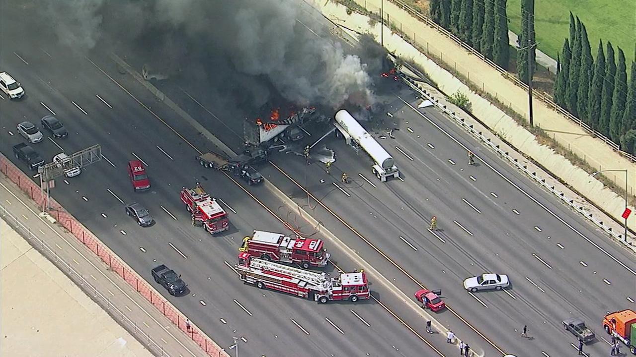 Big rig crash, fire prompt closure of all SB lanes on 5 Fwy in Griffith