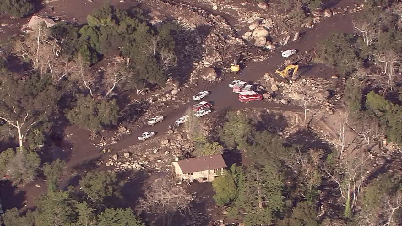 Emergency vehicles are seen in Montecito, which was inundated with deadly mudslides following heavy rain.
