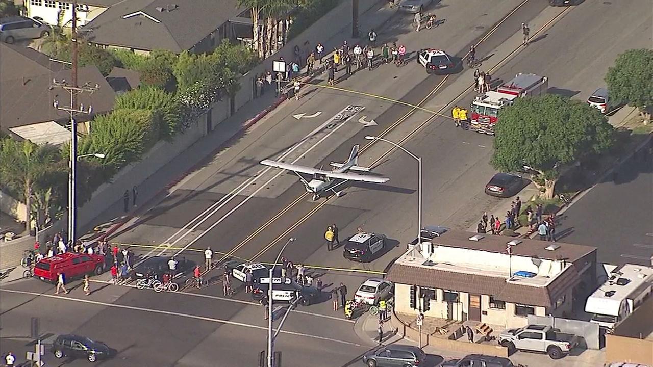Pesawat bermesin tunggal Cessna 172 mendarat dengan selamat di jalan dekat Hamilton Avenue dan Magnolia Street.