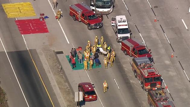 A charter bus crashed into a semi-truck on the eastbound 60 Freeway near 7th Avenue in Hacienda Heights on Wednesday, Jan. 7, 2015. <span class=meta></span>