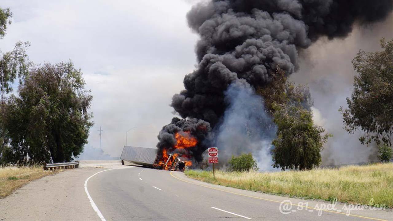 Highway 99 shut down in Madera County after big rig crashes, catches fire