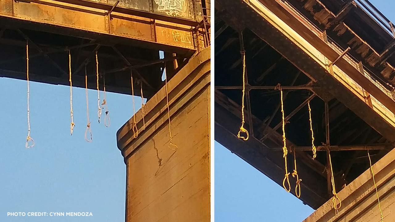 Railroad Police are trying to find out who tied eight nooses to the bottom of a bridge near the Riverside Golf Course. 