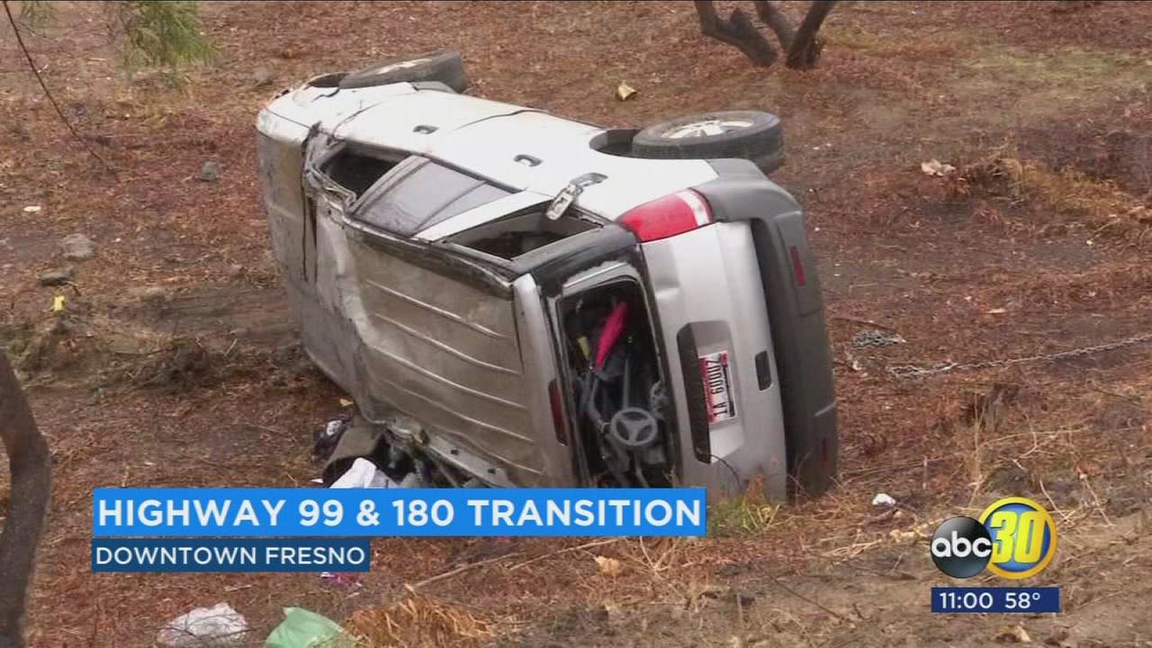 Rain slicked roads cause multiple crashes on freeways in Fresno