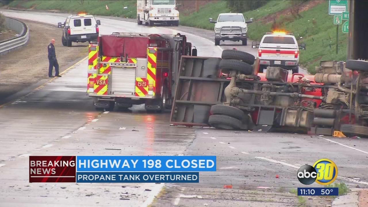 Highway 198 closed in both directions near Ben Maddox after Propane truck overturns