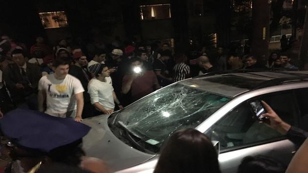 A car windshield is shattered on Telegraph Avenue, near Channing Way and Durant Avenue in Berkeley, Calif.s Southside neighborhood on Saturday, October 31, 2015.