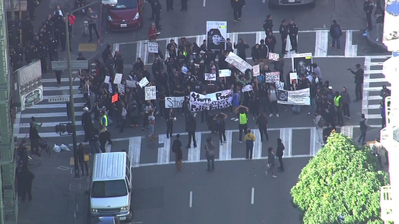 <div class='meta'><div class='origin-logo' data-origin='none'></div><span class='caption-text' data-credit='KGO-TV'>Demonstrators protesting the fatal shooting death of Mario Woods by multiple officers marched through downtown San Francisco on Friday, December 11, 2015.</span></div>