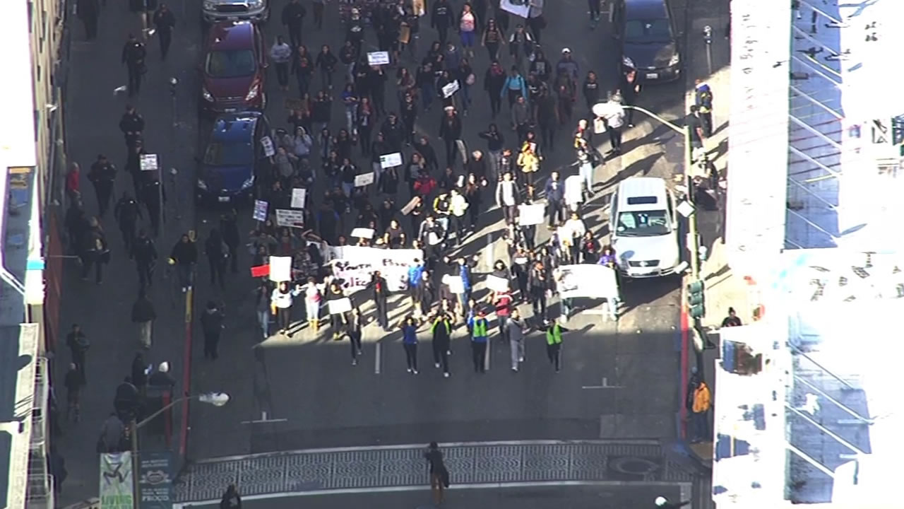 <div class='meta'><div class='origin-logo' data-origin='none'></div><span class='caption-text' data-credit='KGO-TV'>Demonstrators protesting the fatal shooting death of Mario Woods by multiple officers marched through downtown San Francisco on Friday, December 11, 2015.</span></div>