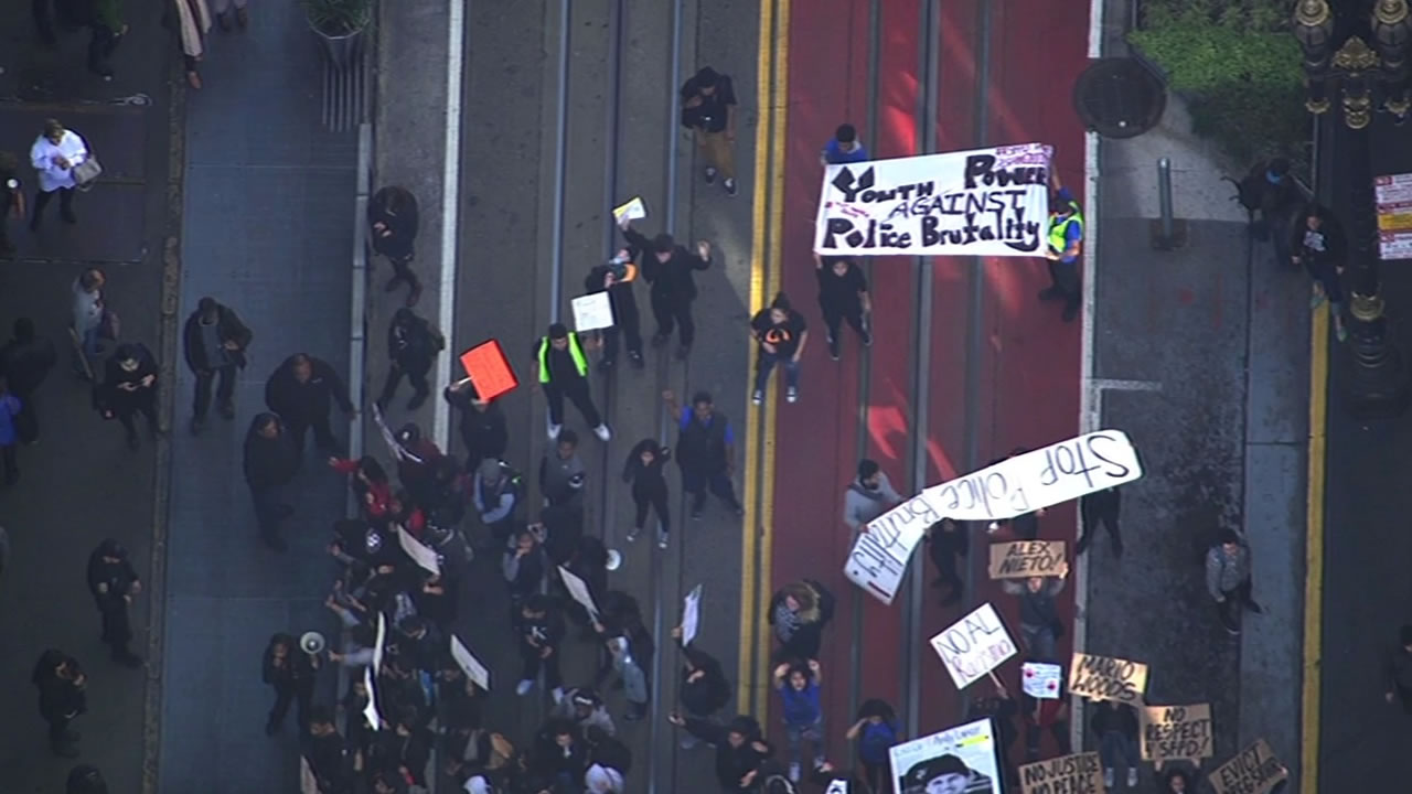 <div class='meta'><div class='origin-logo' data-origin='none'></div><span class='caption-text' data-credit='KGO-TV'>Demonstrators protesting the fatal shooting death of Mario Woods by multiple officers marched through downtown San Francisco on Friday, December 11, 2015.</span></div>
