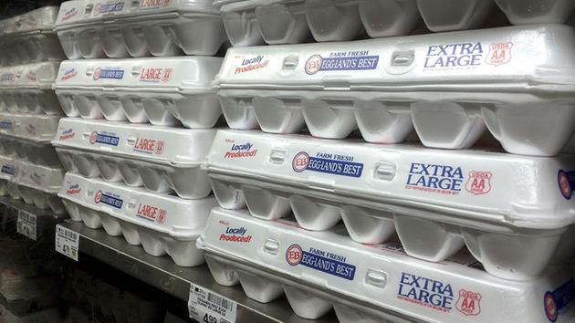 This July 6, 2016 photos shows foam egg cartons displayed on a shelf at a market in San Francisco. 