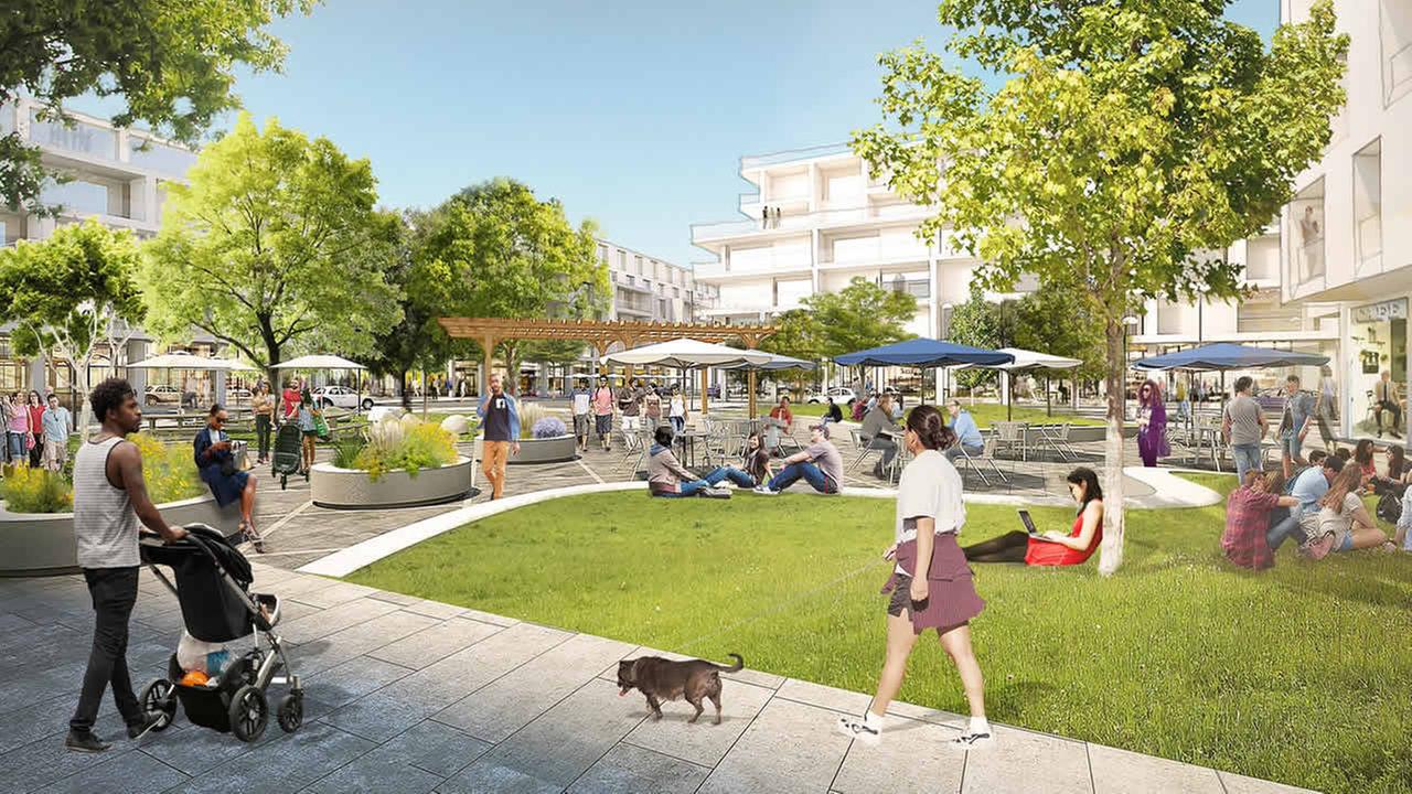 This rendering shows a proposal to expand the Facebook campus in Menlo Park Calif. The mixed-use village proposal includes offices housing grocery retail and parks