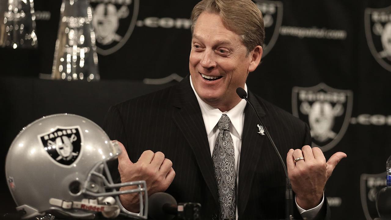 New Oakland Raiders coach Jack Del Rio gestures during a news conference Friday, Jan. 16, 2015, in Alameda, Calif. (AP Photo/Ben Margot)