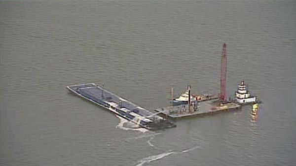 One of the barges, which is hauling petroleum naphtha, caught fire following the collision. <span class=meta>KTRK Photo</span>