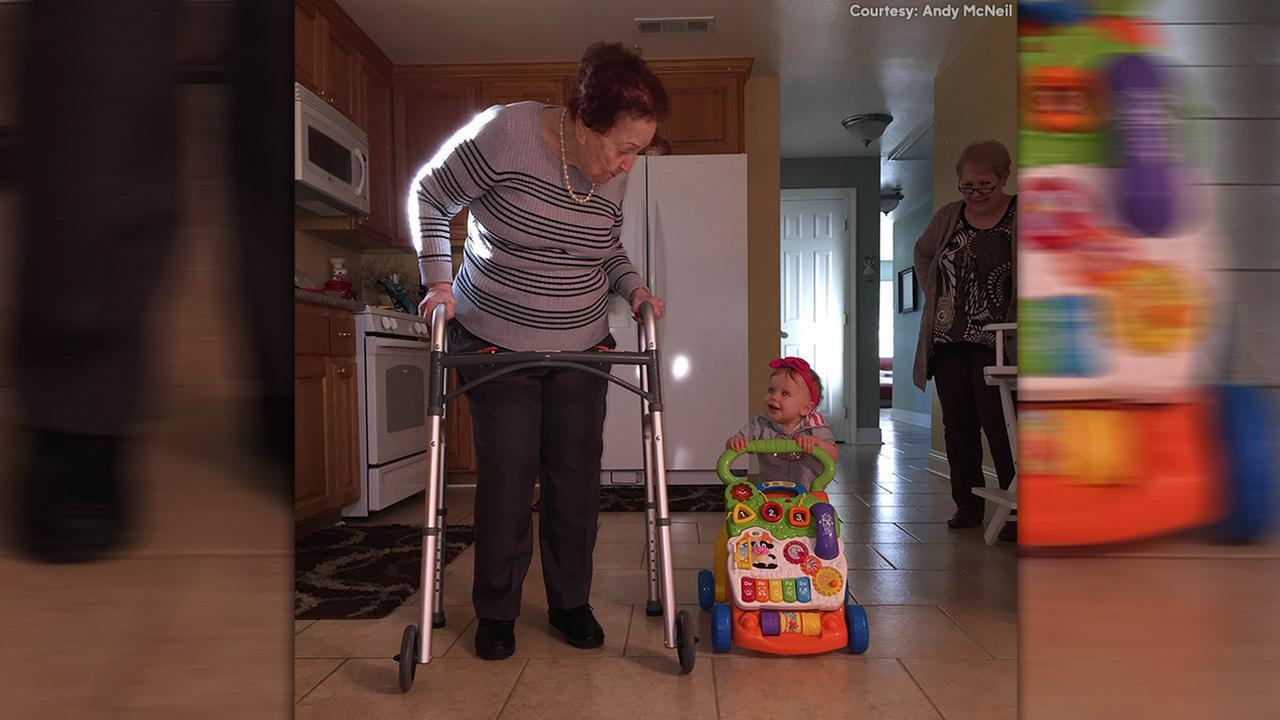Precious moment: 95-year-old teaches great granddaughter to walk