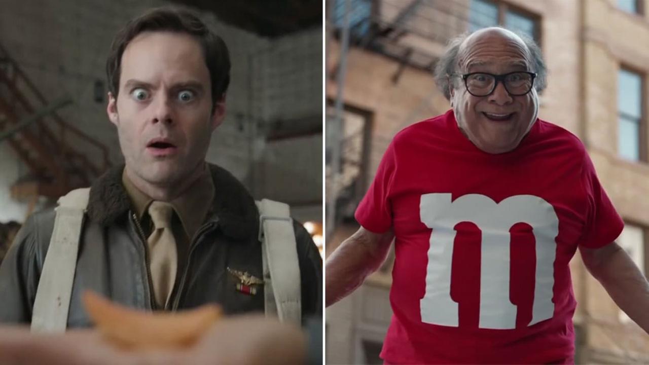 Bill Hader, left, is set to star in a commercial for Pringles. Danny DeVito, right, takes on the role of an M&M come to life.