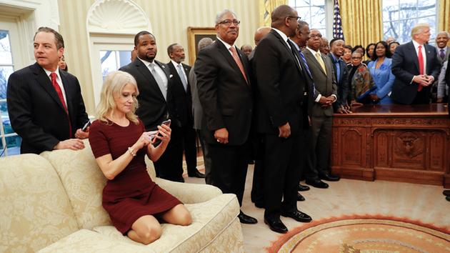 President Donald Trump, right, meets with leaders of Historically Black Colleges and Universities (HBCU) in the Oval Office of the White House in Washington, Monday, Feb. 27, 2017.