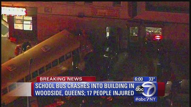 Bus crashes into Queens building; 17 injured