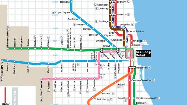 CTA train map showing Red, Blue, Green, Brown, Pink, Orange lines.