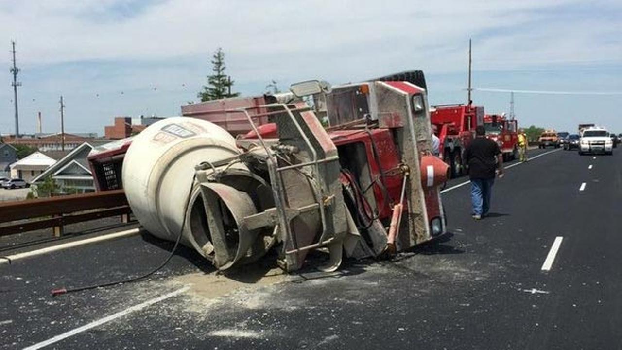 Cement truck flips after crash on Garden State Parkway