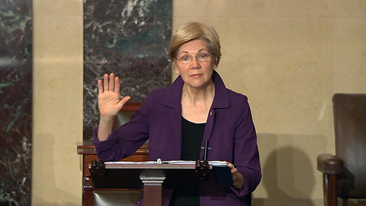 In this image from Senate Television, Sen. Elizabeth Warren, D-Mass., speaks on the floor of the U.S. Senate in Washington, Feb. 6, 2017.