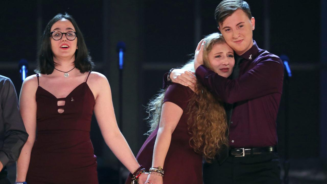 tudents from the Marjory Stoneman Douglas High School drama department react after performing Seasons of Love at the 72nd annual Tony Awards.