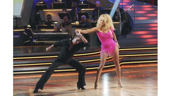 Actress Pamela Anderson and partner Damian Whitewood perform the Cha Cha Cha on the season premiere of 'Dancing With the Stars.'