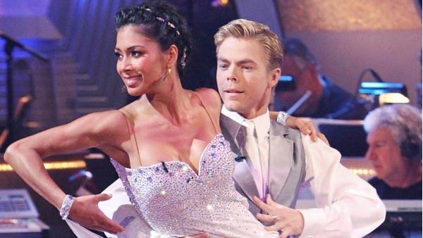 Lead singer of The Pussycat Dolls Nicole Scherzinger and partner Derek Hough perform the Viennese Waltz on the season premiere of 'Dancing With the Stars.'