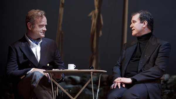In this theater publicity image released by Boneau / Bryan-Brown, Kelsey Grammer as Georges, left, and Douglas Hodge as Albin are shown in a scene from the Broadway revival of 